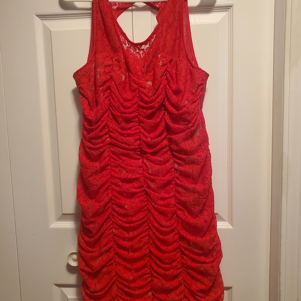 Torrid Vibrant Red Ruched Lace Dress